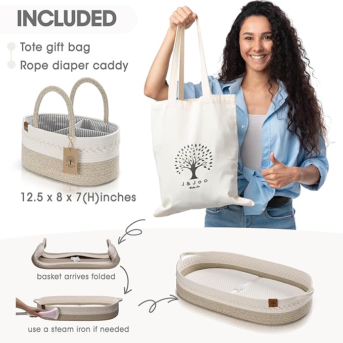 Baby Changing Basket Includes Diaper Caddy - Breathable & Waterproof Dual-Cover, Portable, Changing Pad for Dresser & Changing Table, Gift for Baby Shower, Cotton Rope Basket for Baby