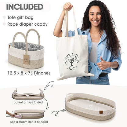 Baby Changing Basket Includes Diaper Caddy - Breathable & Waterproof Dual-Cover, Portable, Changing Pad for Dresser & Changing Table, Gift for Baby Shower, Cotton Rope Basket for Baby