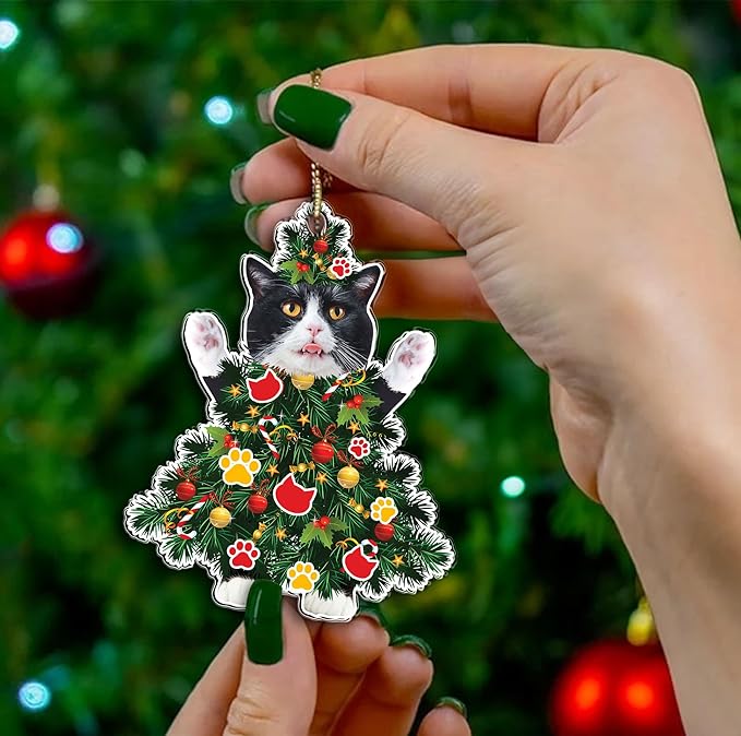 Tuxedo Cat Christmas Ornament - Adorable Cat Dressed as a Tree - Black and White Festive Holiday Decoration