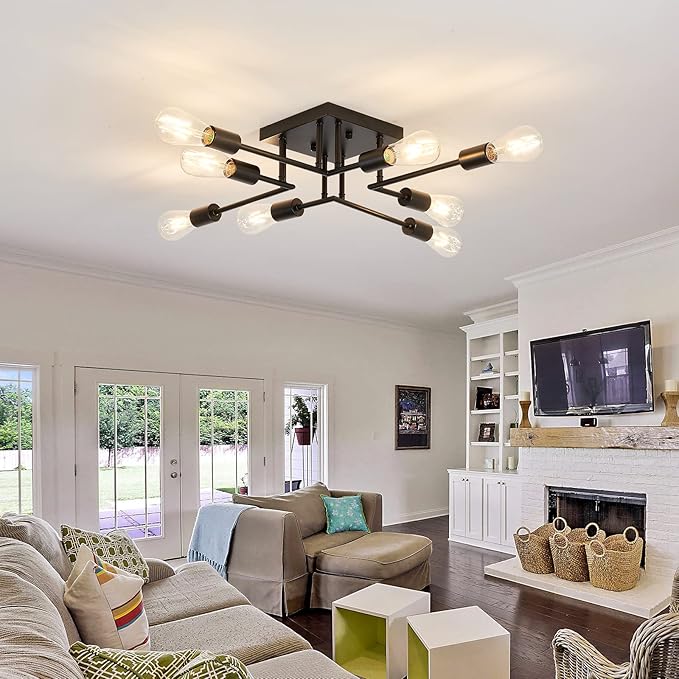 ASGYISA 8-Lights Semi Flush Mount Ceiling Light Fixture Modern Metal Black Sputnik Chandeliers with E26 Bulb Base Close to Ceiling Light for Kitchen Dining Room Living Room Hallway Bedroom