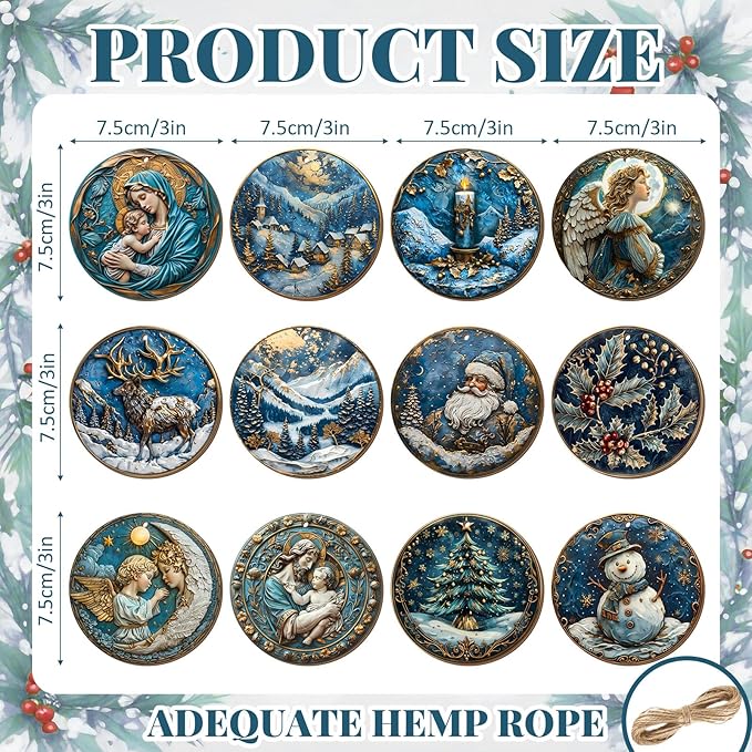 Suzile 36 Pcs Christmas Wooden Ornaments Navy Blue Christmas Tree Decoration Retro Round Nativity Scene Snowman Ornaments Vintage Xmas Hanging Decoration for Farmhouse Home Wreaths Winter Party