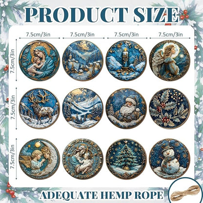 Suzile 36 Pcs Christmas Wooden Ornaments Navy Blue Christmas Tree Decoration Retro Round Nativity Scene Snowman Ornaments Vintage Xmas Hanging Decoration for Farmhouse Home Wreaths Winter Party