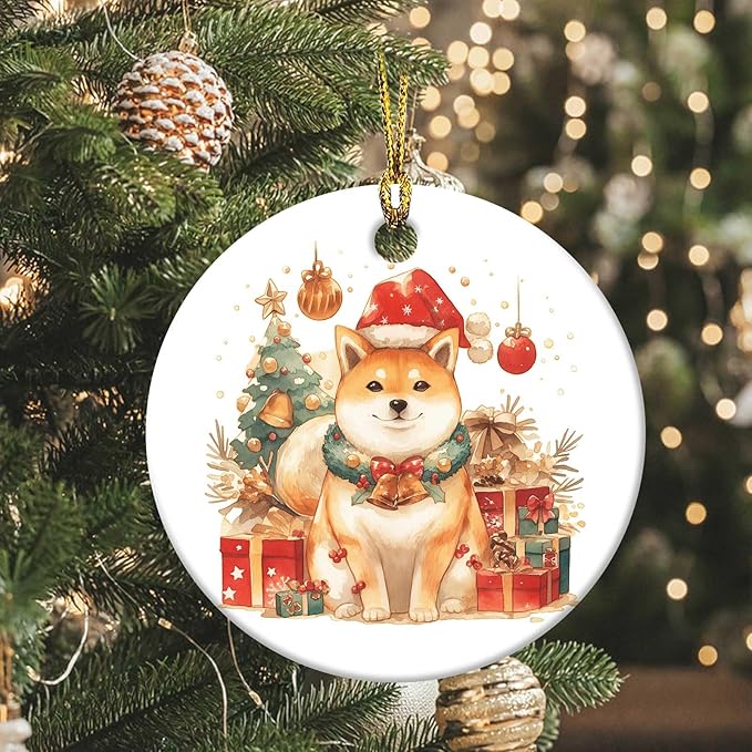 Merry Christmas Ornaments Shiba Inu Round Ceramic Colorful Hanging Ornament Christmas Keepsake Decor for Xmas Tree Winter Holiday Xmas Gift for Women Men 3"