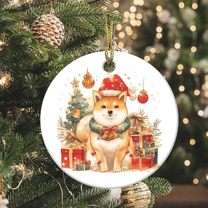 Merry Christmas Ornaments Shiba Inu Round Ceramic Colorful Hanging Ornament Christmas Keepsake Decor for Xmas Tree Winter Holiday Xmas Gift for Women Men 3"