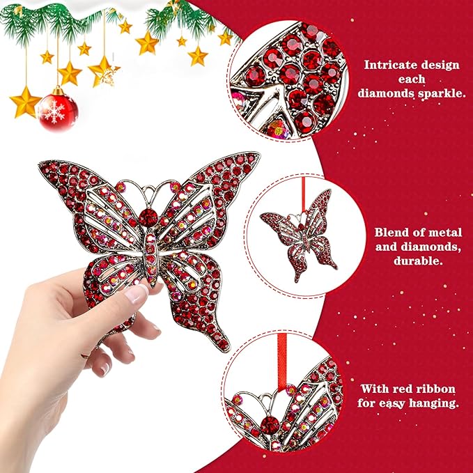 Whatsign Red Butterfly Ornaments - Hanging Decoration for Christmas Tree Monarch Keepsake Gifts for Women Girls Kids