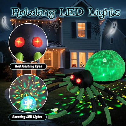 8FT Wide Halloween Inflatable Outdoor Decoration, Green Spider Inflatable Halloween Decorations Built-in Rotating Green Lights Blow up Spider Decorations for Holiday Party Yard Garden