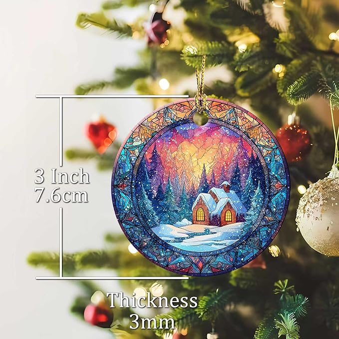 Happy Winter Ornaments Snow Village Round Ceramic Colorful Hanging Ornament Christmas Keepsake Decor for Xmas Tree Winter Holiday Xmas Gift for Women Men 3"