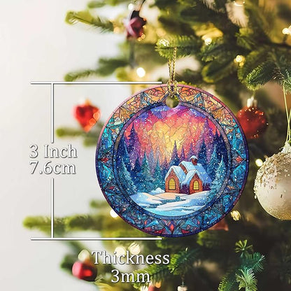 Happy Winter Ornaments Snow Village Round Ceramic Colorful Hanging Ornament Christmas Keepsake Decor for Xmas Tree Winter Holiday Xmas Gift for Women Men 3"