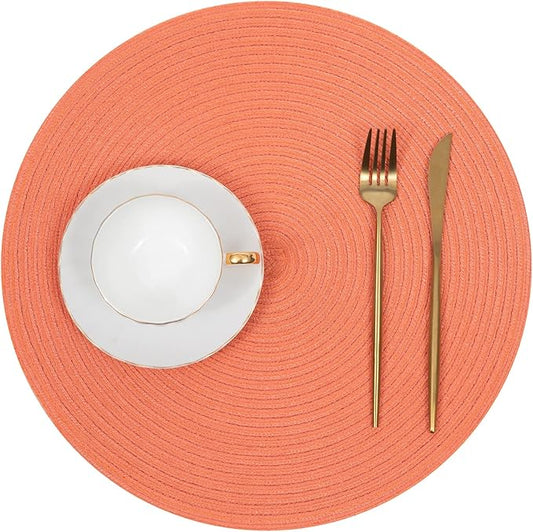 SHACOS Round Braided Placemats Set of 6 Washable Cotton Polyester Round Placemats for Kitchen Table 15 inch Round Table Mats (Coral, 6)