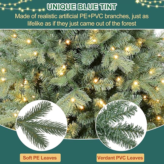 7 FT Pre-lit Artificial Skinny Christmas Tree,Blue Spruce Slim Christmas Tree with 1552 PE&PVC Mixed Branch Tips and 400 UL Listed Clear Lights,Hinged Xmas Tree with Metal Stand for Home Office Décor
