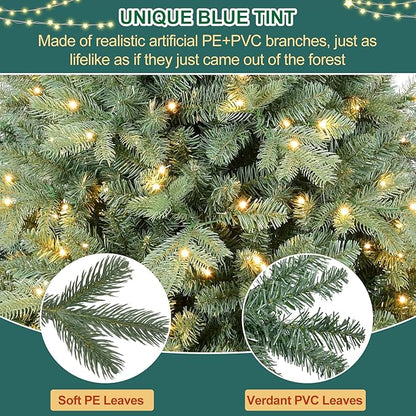 7 FT Pre-lit Artificial Skinny Christmas Tree,Blue Spruce Slim Christmas Tree with 1552 PE&PVC Mixed Branch Tips and 400 UL Listed Clear Lights,Hinged Xmas Tree with Metal Stand for Home Office Décor