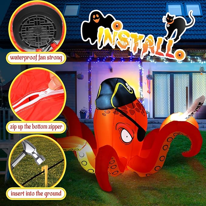 Hiboom Inflatables Giant Octopus Orange Pirate Octopus 7.2 FT Halloween Outdoor Decorations LED Light Blow up Halloween Decor for Indoor Outdoor Party Garden Lawn Decoration