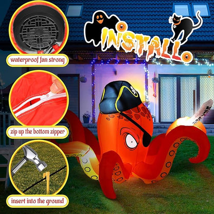Hiboom Inflatables Giant Octopus Orange Pirate Octopus 7.2 FT Halloween Outdoor Decorations LED Light Blow up Halloween Decor for Indoor Outdoor Party Garden Lawn Decoration