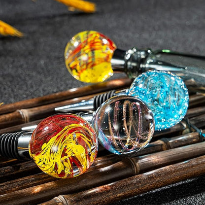 Hand Blown Glass Wine Stopper Bottle Stopper 2PCS - Wine Saver, Reusable Wine Corks for Beverage, Stainless Steel Wine Stopper