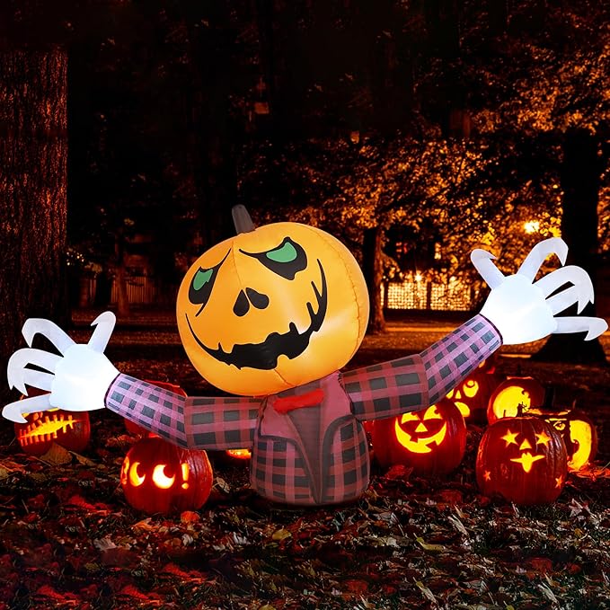 Youngfan 7FT Long Halloween Inflatable Outdoor Decorations, Giant Pumpkin Ghost Blow Up for Yard, Porch, Lawn & Garden, Spooky LED Lighted Halloween Inflatables Decor