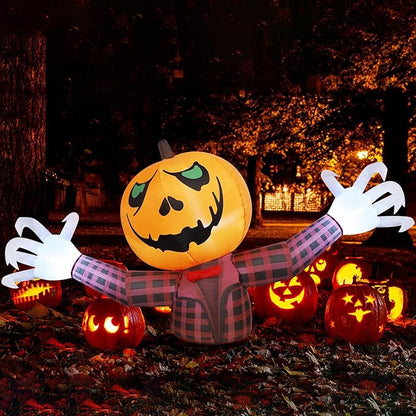 Youngfan 7FT Long Halloween Inflatable Outdoor Decorations, Giant Pumpkin Ghost Blow Up for Yard, Porch, Lawn & Garden, Spooky LED Lighted Halloween Inflatables Decor