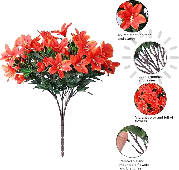 Artificial Fake Fall Flowers for Outdoors 3 Bundles Silk Azalea Flower Faux Plants UV Resistant Realistic Flowers for Outside Planter Porch Patio Yard Garden Walkways Home Decor (Orange+Yellow)
