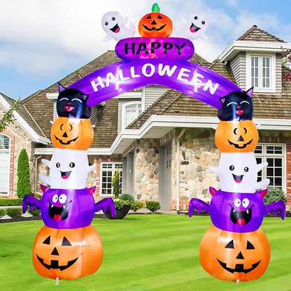 8FT Halloween Stacked Pumpkin Arch Inflatable Decoration Pumpkin Archway Blow up Inflatable Decorationswith LED Lights Indoor Outdoor Yard Garden Holiday Display for Halloween Party