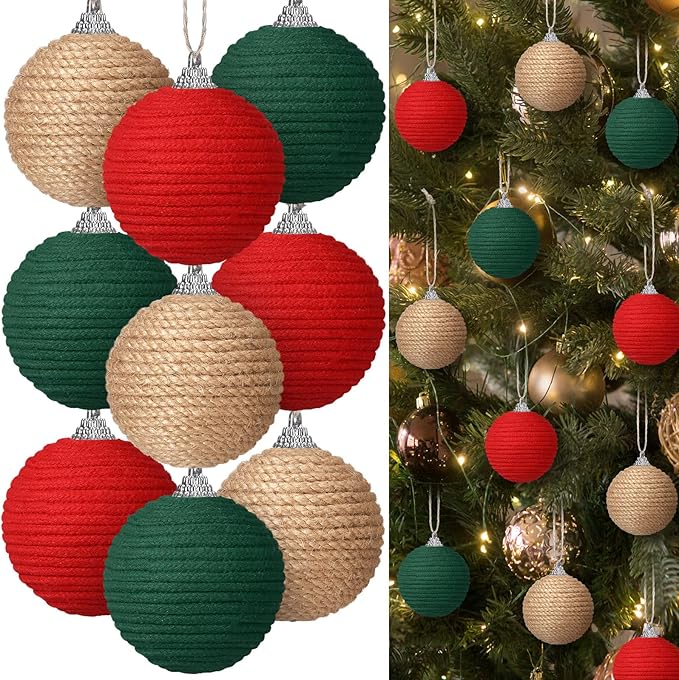 Syhood 9 Pcs 2.36 Inch Christmas Ball Ornaments Boho Farmhouse Jute Rope Hanging Balls Burlap Neutral Rustic Ornaments for Xmas Tree Holiday Wreath Garland Wedding Home(Red, Green, Natural Color)