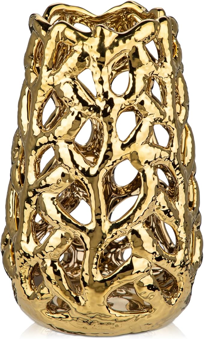 Gold Vases for Centerpieces, Coral Openwork Ceramic Flower Vase 9" Hollowed Decorative Pampas Grass Vase Gold Table Decor for Home Living Room Dinner Room Bedroom Office Wedding