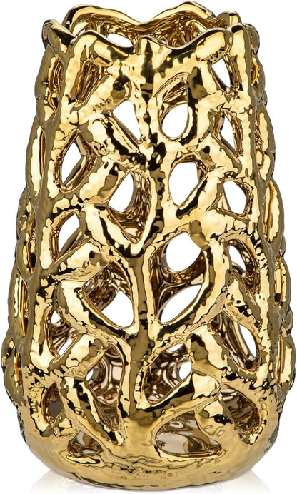 Gold Vases for Centerpieces, Coral Openwork Ceramic Flower Vase 9" Hollowed Decorative Pampas Grass Vase Gold Table Decor for Home Living Room Dinner Room Bedroom Office Wedding