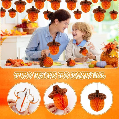15Pcs Fall Acorn Honeycomb Decorations, Thanksgiving Paper Honeycomb Hanging Ornaments for Autumn Tree Party Favor Supplies Home Decor