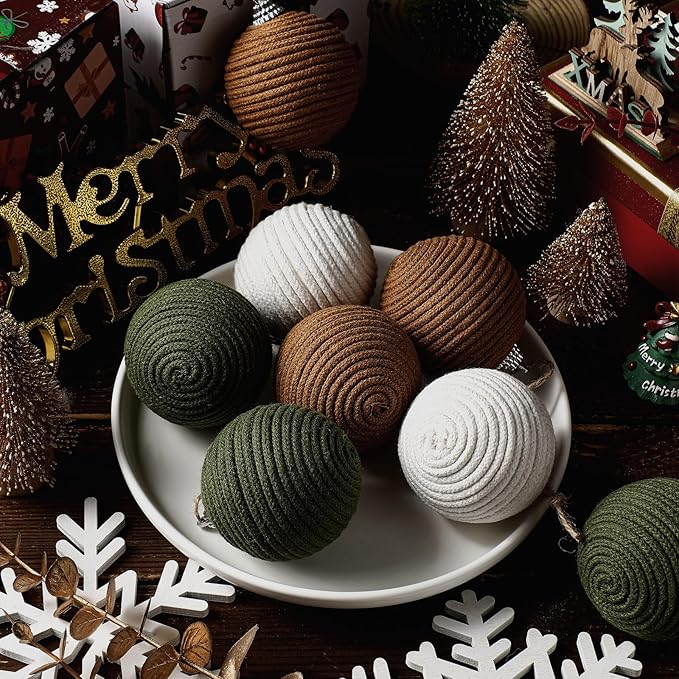 Syhood 9 Pcs 2.36 Inch Christmas Ball Ornaments Boho Farmhouse Jute Rope Hanging Balls Burlap Neutral Rustic Ornaments for Xmas Tree Holiday Wreath Garland Wedding Home(White, Green, Light Brown)
