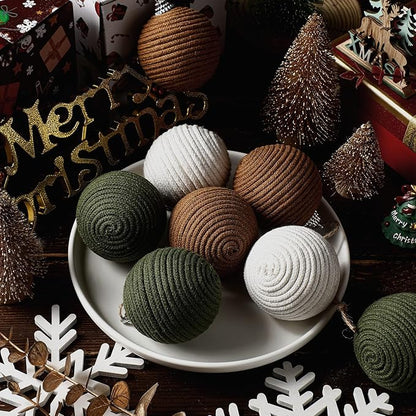 Syhood 9 Pcs 2.36 Inch Christmas Ball Ornaments Boho Farmhouse Jute Rope Hanging Balls Burlap Neutral Rustic Ornaments for Xmas Tree Holiday Wreath Garland Wedding Home(White, Green, Light Brown)
