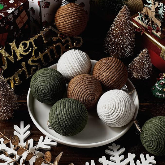 Syhood 9 Pcs 2.36 Inch Christmas Ball Ornaments Boho Farmhouse Jute Rope Hanging Balls Burlap Neutral Rustic Ornaments for Xmas Tree Holiday Wreath Garland Wedding Home(White, Green, Light Brown)
