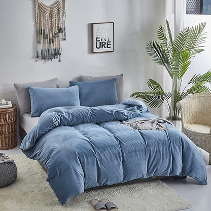 Cottonight Blue Velvet Twin Bedding - Bright Blue Flannel Blanket Quilts Winter Warm Thick Heavyweight 3 Pcs Comforter Set