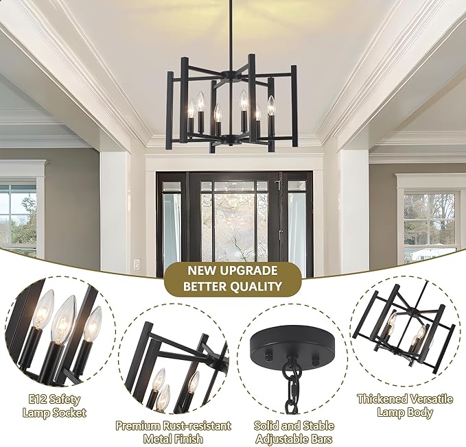 19.7'' Black Chandeliers 6-Light Modern Geometric Dining Room Chandelier Farmhouse Industrial Metal Pendant Light Fixture for Kitchen Living Room Entryway Foyer Hallway Bedroom