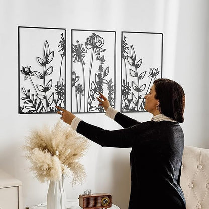 FUNTEREST 3 Pieces Black Metal Wall Art Decor Modern Minimalist Floral Single Line Living Room Wall Decor Abstract Wall Hanging Decor for Kitchen Office Bedroom Bathroom (Floral B)