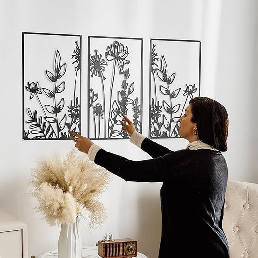 FUNTEREST 3 Pieces Black Metal Wall Art Decor Modern Minimalist Floral Single Line Living Room Wall Decor Abstract Wall Hanging Decor for Kitchen Office Bedroom Bathroom (Floral B)