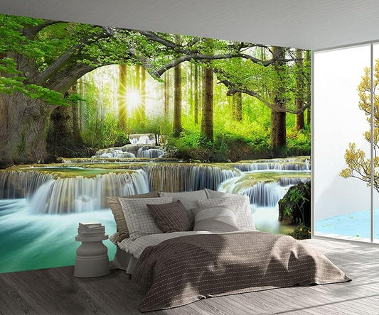 Green Waterfall Sunshine Forest Wallpaper Mural (Not Peel and Stick)