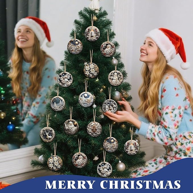 Suzile 36 Pcs Christmas Wooden Ornaments Vintage Christmas Decoration White Sculpture Hanging Decor Retro Round Santa Claus Snowman Tree Decoration for Farmhouse Xmas Home Wreaths Winter Party