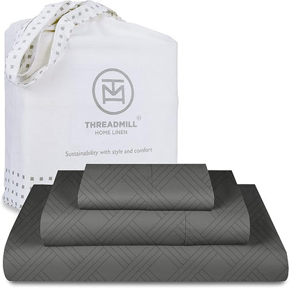 Threadmill Twin Bed-Sheets - 800 Thread Count Jacquard Celine Dark Grey, 100% Natural Cotton 3 Piece Striped Bed Set, Extra Long Staple Cotton, Comfy Damask Sheets with Elasticized Deep Pocket