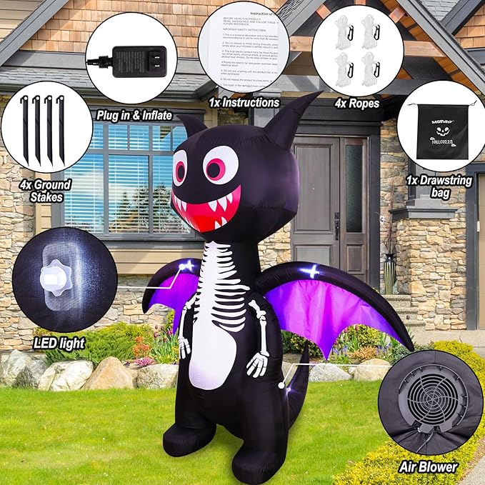 6.8FT Halloween Inflatables Outdoor Decorations – Lighted Skeleton Dinosaur Blow Up Yard Decor with LED Lights, Spooky Halloween Dinosaur for Lawn Porch Trick or Treat Party Display