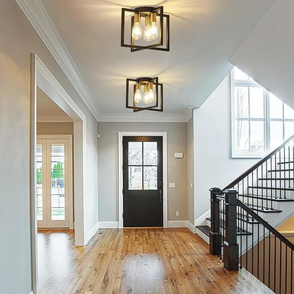 3-Light Ceiling Light Fixture, Black and Gold Semi-Flush Mount Chandelier with Geometric Metal Shade, Farmhouse Industrial Lighting for Kitchen Living Room Bedroom Hallway Foyer, E26 Base
