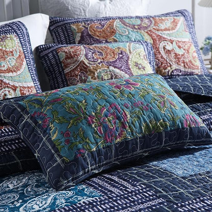 mixinni 100% Cotton Gorgeous Floral Quilt Set, King Size Quilted Bedding Set, Boho Reversible Navy Blue Patchwork Paisley Pattern Bedspread Coverlet Set with 2 Pillow Shams for All Seasons (106"x98")