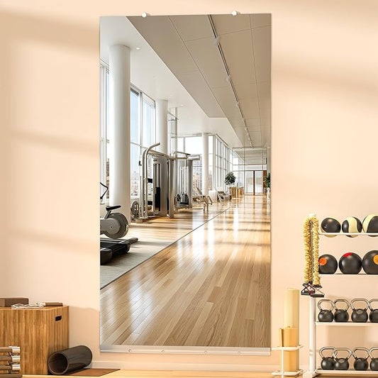 Hasipu Home Gym Mirror, 83"x40" Each, 1-Pack Frameless Wall Mounted Mirrors with Glass Clamps & Aluminum Rail, Large Body Mirror for Home Gym, Yoga Studio, Bedroom, Silver Tempered Glass