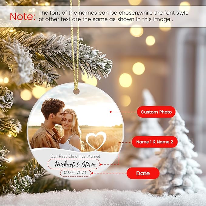 Our First Christmas Married Ornament, Personalized Photo Christmas Ornament 2025 for Newlyweds, Couple Just Married Ornament, Customized Wedding Gifts for Couples Him Her