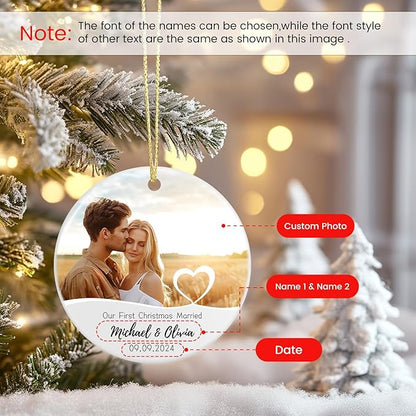 Our First Christmas Married Ornament, Personalized Photo Christmas Ornament 2025 for Newlyweds, Couple Just Married Ornament, Customized Wedding Gifts for Couples Him Her