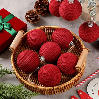 Syhood 9 Pcs 2.36 Inch Christmas Ball Ornaments Boho Farmhouse Jute Rope Hanging Balls Burlap Neutral Rustic Ornaments for Xmas Tree Holiday Wreath Garland Wedding Home(Dark Red)