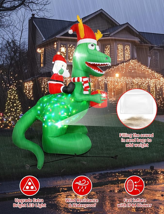 8ft Christmas Inflatables Dinosaur Outdoor Decorations with Bright LED and Disco Light, Santa Claus Riding Dinosaur Holding Gift Box, Outside Blow Up Decor for Xmas Holiday Party Yard Garden