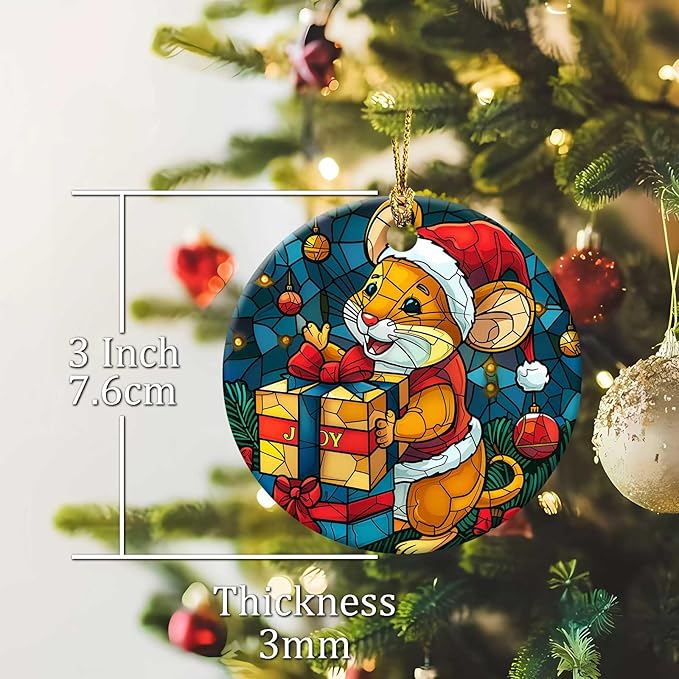 Christmas Mouse Ornament Round Ceramic Stained Glass Style Ornament Joy Xmas Keepsake for Christmas Tree Winter Holiday Xmas Gift for Women Men Xmas Hanging Ornament 3"