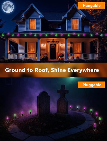 Halloween Stake Lights, 10PK C9 LED Pathway Lights with Purple & Green Bulbs, 19.5ft Outdoor Walkway Lights, Waterproof, Extendable Yard, Driveway, Porch & Garden Halloween Decorations