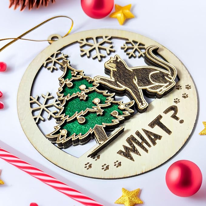 Black Cat Wooden Ornament - Funny Kitten and Christmas Tree Decoration