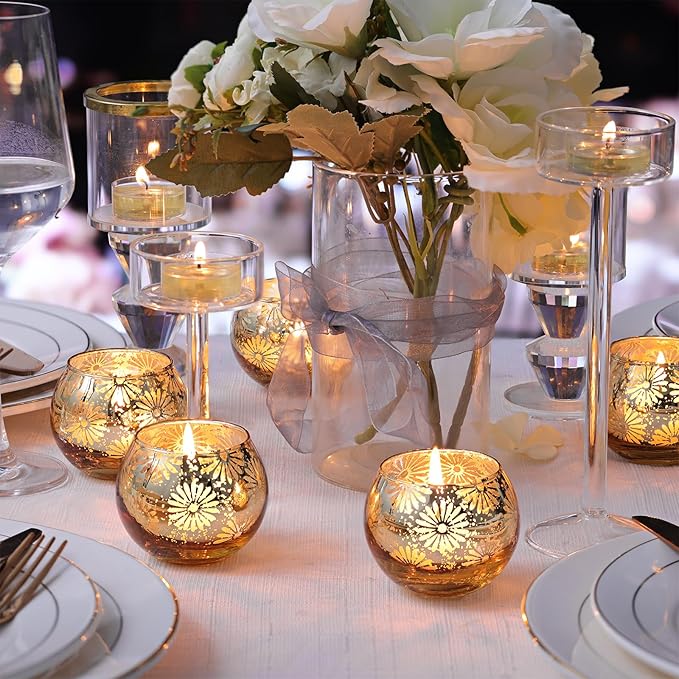 Gold Mercury Glass Votive Candle Holders Set of 12, Round Tealight Candle Holders Bulk for Table Centerpieces, Weddings, Shower Gifts, Party Decorations