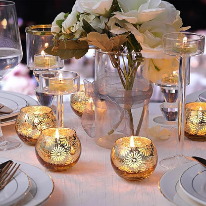 Gold Mercury Glass Votive Candle Holders Set of 12, Round Tealight Candle Holders Bulk for Table Centerpieces, Weddings, Shower Gifts, Party Decorations