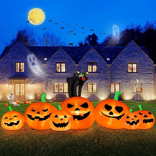 B&D 8FT Long Halloween Inflatables Pumpkin Outdoor Decorations, 7 Inflatable Pumpkins and Black Cat Combo Halloween Blow Up Decorations Built-in LEDs for Holiday Party Yard Garden Lawn Patio Décor